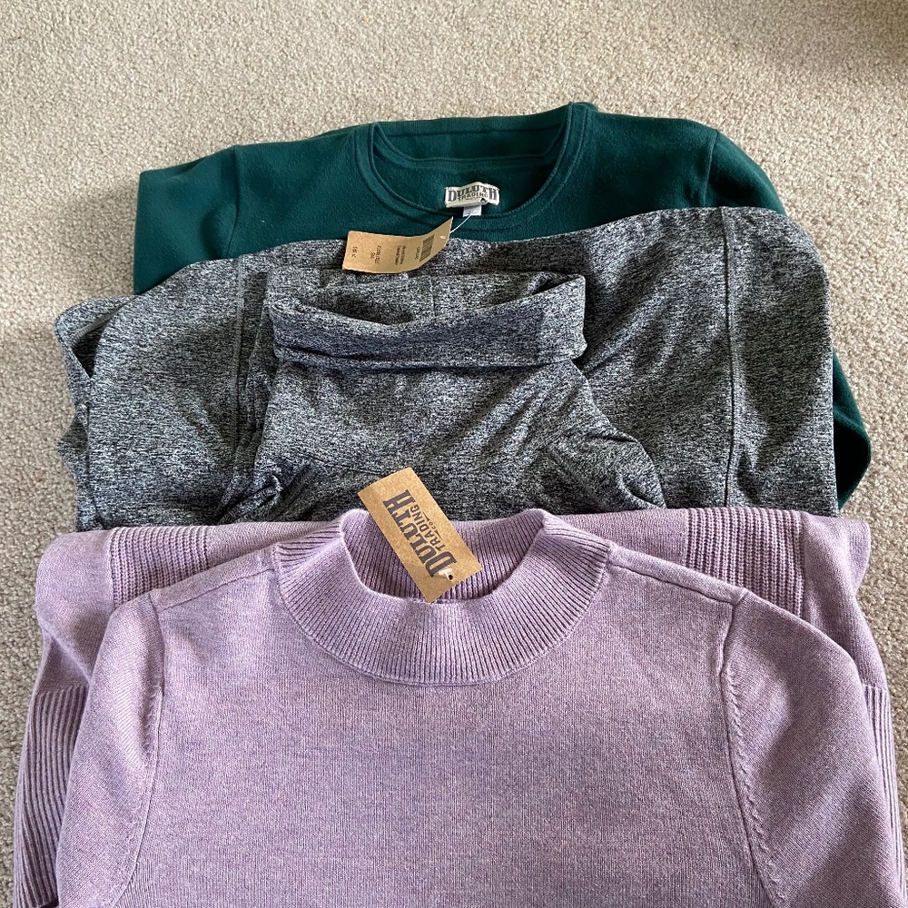 Bundle of Duluth Trading- 2 new sweaters and one Plush tunic Pullover